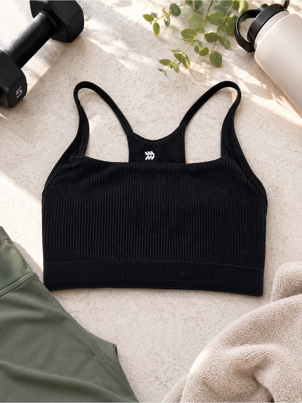 All in Motion Sports Bra Black Ribbed Seamless Racerback Light Support Size S